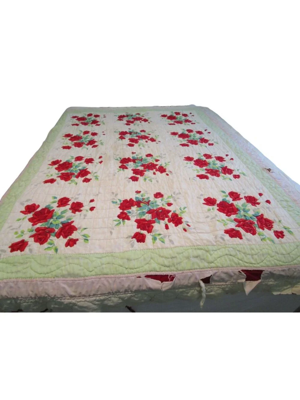 Vintage Wilendur Royal Rose Tablecloth Quilt Torn Damage 81x74 Cutter Quilt